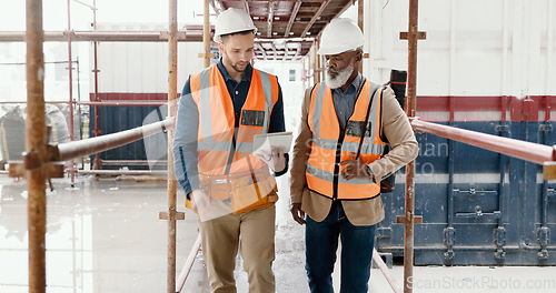 Image of Construction, building and tablet with an architect and engineer on site planning on the internet with an online blueprint. Team, architecture and technology with business colleagues in collaboration