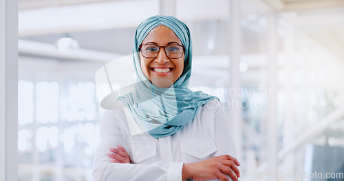 Image of Muslim business woman, smile and senior portrait for management motivation, employee happiness and positive goals mindset. Islamic leader, ceo success and startup designer in hijab ready in workplace