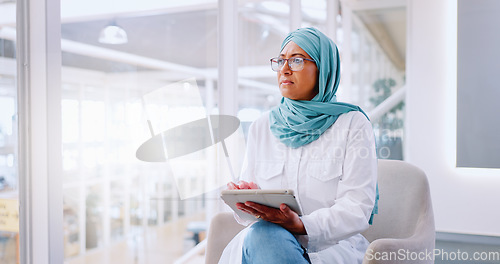 Image of Senior, business woman in hijab with tablet, communication for company and networking with email and digital. Technology, Muslim executive in workplace and web design or digital marketing office