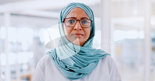 Image of Management, leadership and face of business woman in office for marketing, innovation or vision. Professional, executive or future with portrait of muslim woman in startup for mindset, career or goal