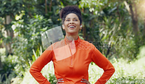 Image of Fitness, health and black woman taking a deep breath at a park with a smile before a workout, exercise or training. Breathing, sport and sports girl in nature, outdoors or outside in calm relax.