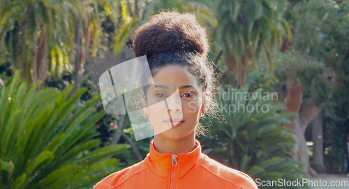 Image of Portrait of a woman on a fitness run in nature by a park for health, fresh air and exercise. Happy, healthy and athlete girl taking a break while on a outdoor jog or cardio training in summer.