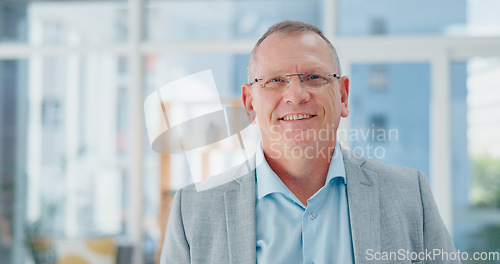 Image of Elderly businessman, face and smile for vision, career ambition or corporate success at the office. Portrait of senior man CEO smiling in confidence with glasses for creative business startup at work