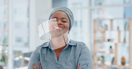 Image of Face, black woman and arms crossed in office, business and leadership. Nigerian female administrator, lady or entrepreneur with smile, startup company or leader for marketing campaign and advertising