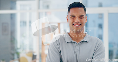 Image of Businessman in office, face and career success, smile and happy in company headshot, leadership and vision. Leader, professional portrait and startup executive with job satisfaction and workplace.