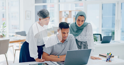 Image of Team, women and man in modern office, laptop and marketing planning. Business people talking, digital schedule and conversation for advertising campaign, strategy for group project and sales growth.