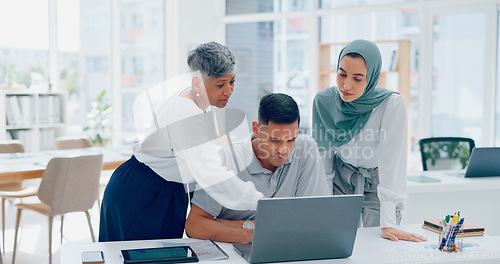 Image of Team, women and man in modern office, laptop and marketing planning. Business people talking, digital schedule and conversation for advertising campaign, strategy for group project and sales growth.