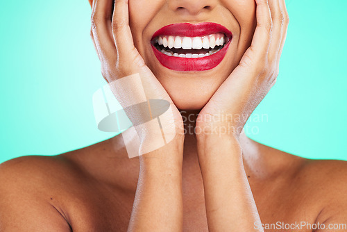 Image of Dental, teeth and perfect smile by woman with oral care, hygiene and whitening isolated in studio green background. Closeup, zoom and clean mouth after cosmetic cleaning, treatment and grooming