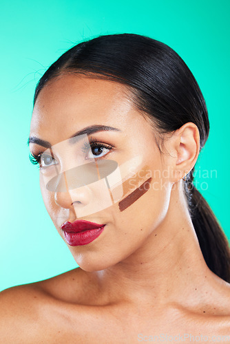 Image of Woman, face and contour for makeup, cosmetics or beauty skincare isolated against a studio background. Female smile with red lips, contouring and foundation for skin tone, toner or facial treatment