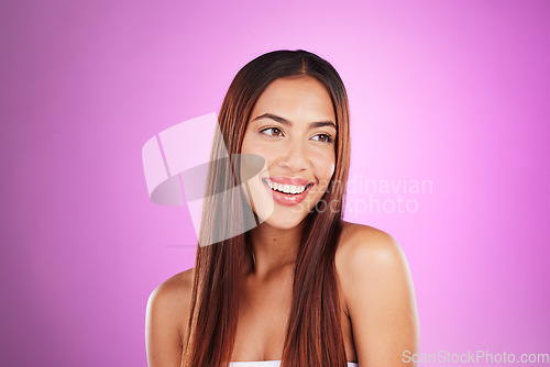 Image of Hair, woman and beauty in studio with smile, healthy skincare or mockup. Happy model, long hairstyle and natural cosmetics of aesthetic salon, color dye and growth shampoo for shine, face or textures