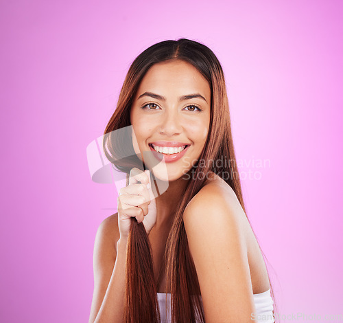 Image of Hair of happy woman isolated on a purple background for healthy glow, beauty shine and care in studio mockup. Young gen z model or black person in portrait for natural growth, color and salon mock up