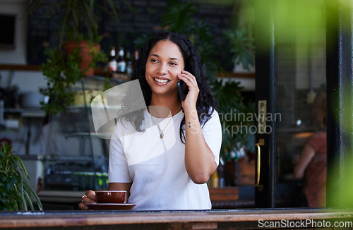 Image of Phone call, coffee and woman in cafe talking, chatting or speaking to contact online. Tea, technology and happy female with mobile smartphone for networking, conversation and discussion in restaurant