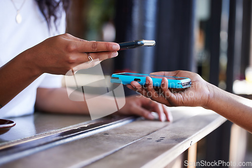 Image of Woman, hands and phone for ecommerce, scanning or transaction on wireless card machine at coffee shop. Hand of customer scan or tap to pay, buy or banking app with smartphone or 5G connection at cafe