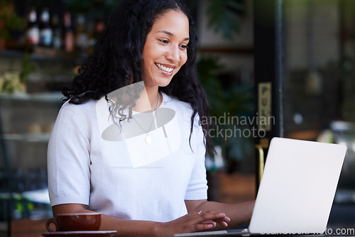 Image of Woman, laptop and cafe for remote work, writing and tea break against a blurred background. Freelance, journalist and black female working on article, online project or creative idea in coffee shop
