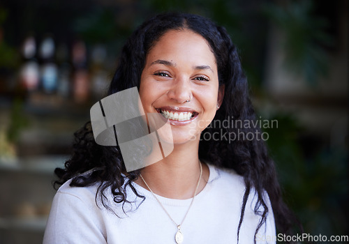 Image of Happy portrait and woman smile, relax and excited about startup, company and vision against mockup background. Face, entrepreneur and brazilian girl cheerful for future, idea and goal with copy space