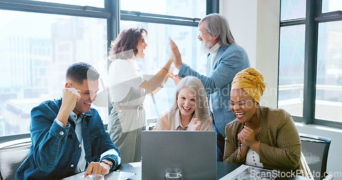 Image of Teamwork, high five and applause of business people on laptop celebrating success, goals or targets. Collaboration, celebration and group of employees on computer clapping to celebrate achievement.