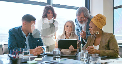 Image of Business, team and woman in meeting, brainstorming and conversation in office. Staff, female leader and teamwork for brand development, digital marketing and collaboration for advertising campaign.