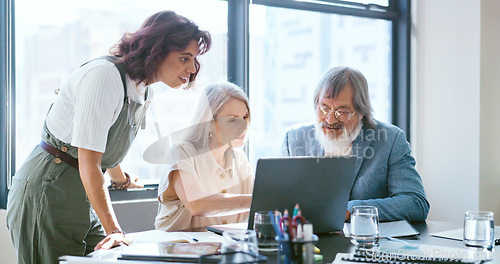 Image of Business team, diversity and laptop planning, meeting and innovation of web ideas, kpi growth and online data analysis in office building. Workers, management and staff research website on computer