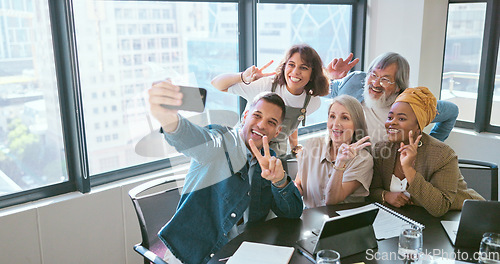 Image of Peace sign, friends and selfie with business people and phone for teamwork, diversity and support. Social media, community and technology with employee in startup for internet, creative or networking