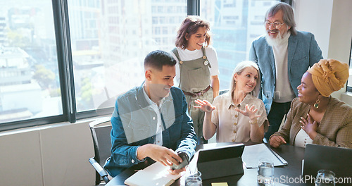 Image of Business, team and woman in meeting, brainstorming and conversation in office. Staff, female leader and teamwork for brand development, digital marketing and collaboration for advertising campaign.