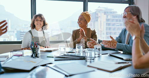 Image of Business people, handshake or office contract success in marketing office, advertising agency or branding company. Happy smile, creative designers or shaking hands, clapping and teamwork partnership