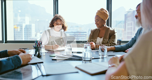 Image of Business people, handshake or office contract success in marketing office, advertising agency or branding company. Happy smile, creative designers or shaking hands, clapping and teamwork partnership