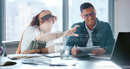 Image of Businessman, woman and document in office for coaching, learning or target with laptop for digital marketing. Man, woman and paper to mentor, coach and teaching by computer for social media marketing