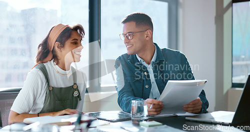 Image of Businessman, woman and document in office for coaching, learning or target with laptop for digital marketing. Man, woman and paper to mentor, coach and teaching by computer for social media marketing