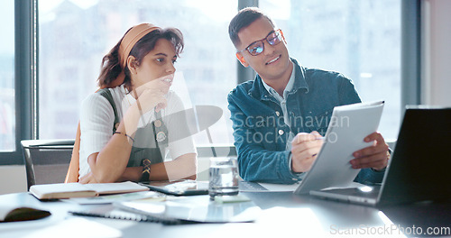 Image of Businessman, woman and document in office for coaching, learning or target with laptop for digital marketing. Man, woman and paper to mentor, coach and teaching by computer for social media marketing