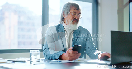 Image of Laptop, planning or Asian business woman with phone for networking, planning schedule or creative research. Thinking, startup or CEO with smartphone for social media, social network or blog search