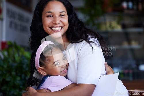 Image of Love, hug and portrait of mother with girl bonding, having fun and smiling together at home. Family, support and mom hugging, cuddle or embrace with happy child or kid while enjoying time in house.