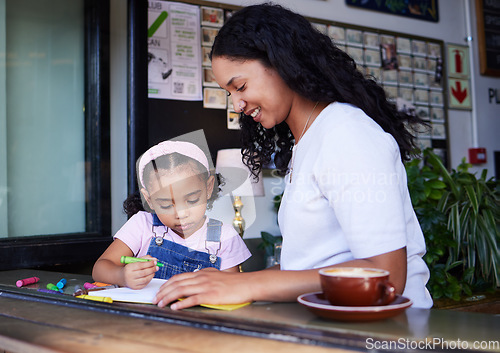Image of Drawing, learning and girl with mother at cafe with books, studying and art education. Family care, love and mama teaching kid how to color with crayons, having fun and bonding together in restaurant