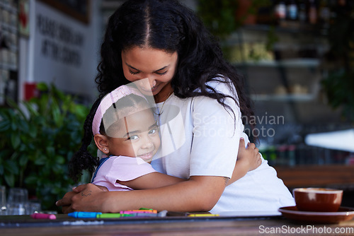 Image of Love, mother and hug girl at cafe, bonding and enjoying quality time together. Portrait, family care and mama hugging, cuddle or embrace with happy daughter, kid or child, smiling and having fun.