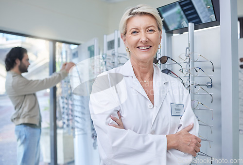 Image of Glasses, optometrist and smile with portrait of woman for retail, healthcare and consulting. Shopping, ophthalmology and sale with senior optician in frame store for medical, designer and lens