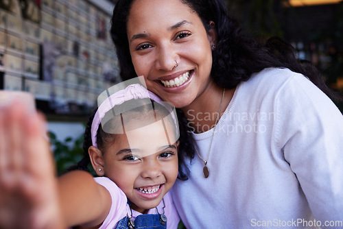 Image of Portrait, girl and selfie of mother in home bonding, caring and having fun together. Love, family or face of mom with kid or child taking pictures or photo for social media or happy memory