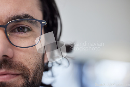 Image of Glasses, optometry and eye of man with mockup prescription eyewear, spectacles and advertising. Half, face and portrait of male person with new stylish frame for vision from optometrist or optician