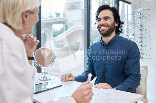 Image of Senior doctor, help or man consulting for eyesight advice at optometrist or ophthalmologist with medical aid. Happy customer in optical exam to see or check vision health with a trusted optician