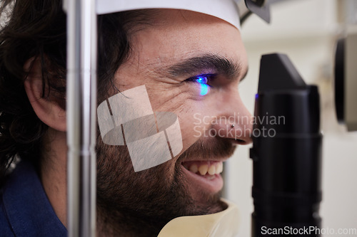 Image of Eye exam, test or care for patient with laser machine at optometry consultation for lens or frame for vision. Face of happy man with industry tools for eyes, eyesight and check with health insurance