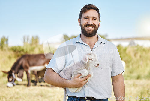 Image of Farmer, portrait or baby lamb on livestock agriculture, countryside environment or nature in sheep growth management. Happy, farming or man and mutton animals, pet safety or veterinary life insurance