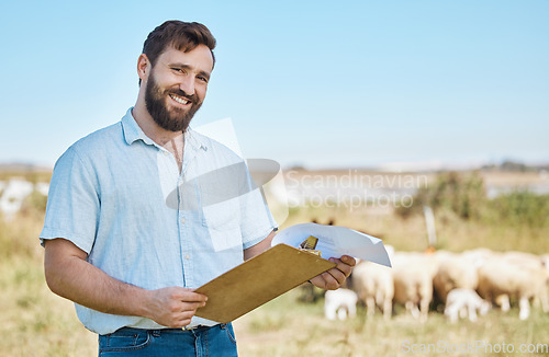 Image of Farmer, portrait or clipboard paper on livestock agriculture, countryside environment or nature in sheep growth management. Happy man, farming or worker and documents for animals healthcare insurance