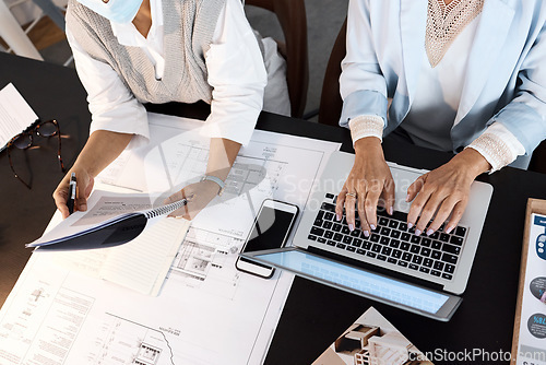 Image of Architect, blueprint or women hands on laptop for strategy planning, collaboration or consulting on floor design. Architecture, business people or teamwork for real estate property development plan