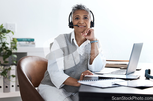 Image of Call center, laptop and portrait of business woman talking for telemarketing, customer service and contact us. Trust, sales and crm with senior employee at help desk for technical support and email