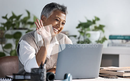 Image of Business woman, laptop and hand for video call hello while happy about networking communication. Entrepreneur person with internet connection for virtual meeting consultation for advice or proposal