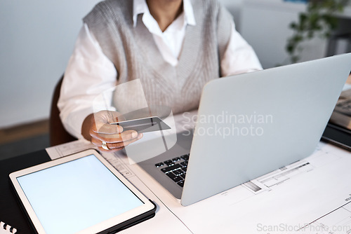 Image of Business woman, credit card and laptop for ecommerce, finance and investment with tablet mockup. Worker hands, trading and financial payment on computer data, fintech budget or digital online economy