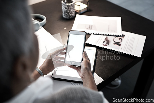Image of Mockup, chat and woman reading on a phone screen, communication and email at work. Contact, information and a business employee with a blank mobile for a messaging app, internet and online branding