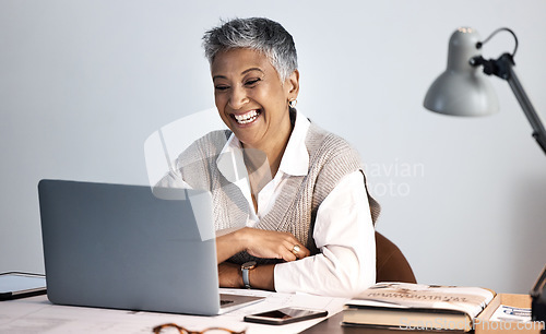 Image of Senior business woman, laptop and office desk while happy about online communication or networking. Entrepreneur person with internet connection reading funny email, planning or website research