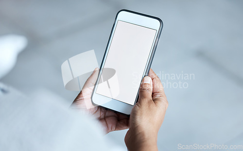 Image of Mockup, blank and hands of employee with a phone for social media and work contact. Website, connection and business worker reading on a mobile for an app, internet and chat online for communication