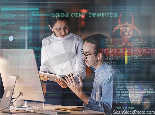 Image of Cybersecurity overlay, futuristic graphic and computer software database of it workers talking. Tablet, digital data hologram and information technology work of a office team working on web research