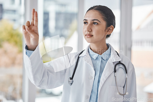Image of Healthcare, pointing fingers and doctor in a hospital after a wellness or health consultation. Medicare, hand and professional female medical worker standing with a gesture in a medic clinic.