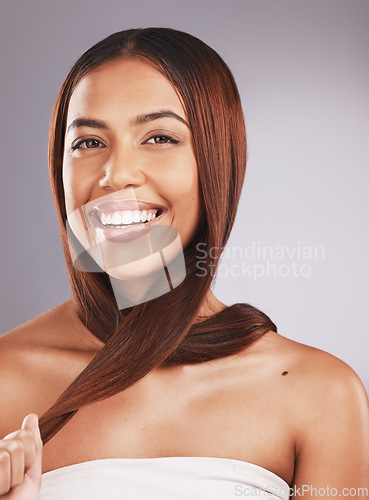 Image of Hair care, beauty and portrait of a woman with healthy hairstyle from hairdresser or salon. Cosmetics, brazilian treatment and wellness of a young model from Brazil with happiness and a smile